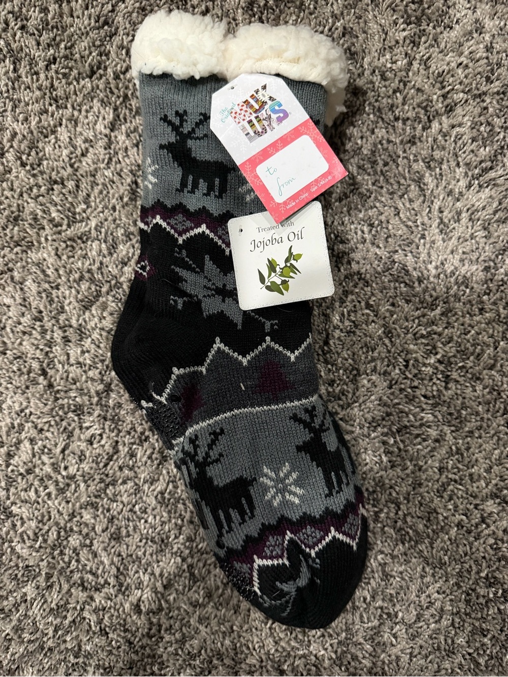 Cozy Men's Gray & Black Reindeer Sherpa-Lined Socks size 6-8 muk luks